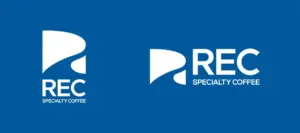 REC Specialty Coffee logo abstract white mark with the words REC and Specialty Coffee on blue background left variant