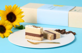 Plate with two layered dessert bars (vanilla, chocolate) on a white plate beside coffee beans and sunflowers, with a pastel gift box in the background on a blue surface, golden fork nearby.