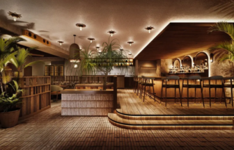 Warm upscale bar lounge with a long wooden bar tall stools and tropical plants under soft ambient lighting
