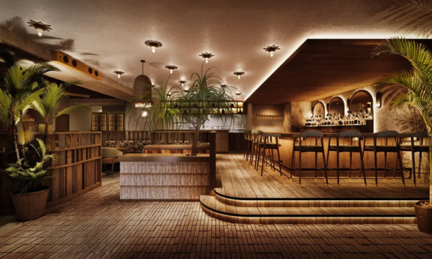 Warm upscale bar lounge with a long wooden bar tall stools and tropical plants under soft ambient lighting