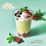 Green matcha drink in a clear cup topped with whipped cream chocolate drizzle and a mint leaf with chocolate pieces nearby