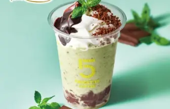 Green matcha drink in a clear cup topped with whipped cream chocolate drizzle and a mint leaf with chocolate pieces nearby