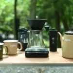Outdoor coffee setup on a wooden table with mugs a glass pour over carafe on a scale a kettle and a grinder in a forest setting