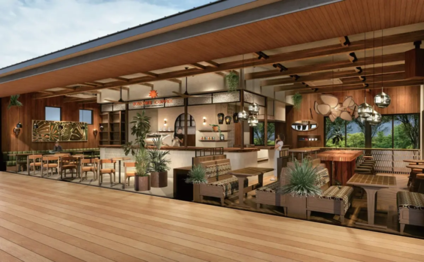 Open plan cafe with wood accents a curved bar counter hanging lights and potted plants large windows in the background