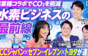 Video thumbnail with four presenters smiling against a blue background and bold Japanese text about reducing CO2 and hydrogen business with product images on the left
