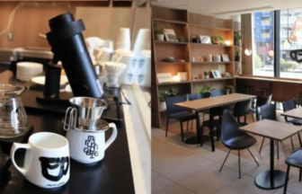 Split image: left side shows a barista brewing coffee with siphon brewers and mugs on the counter; right side shows a bright cafe seating area by large windows.