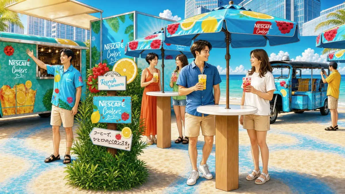 ネスカフェクーラーの広告で、ビーチのような空間で若者たちが爽やかなドリンクを楽しむ様子が描かれています。カラフルな傘やフードトラックが並び、夏のリゾート気分を演出しています。