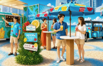 Group of friends enjoying drinks at a tropical beach promotional booth for Nescafe Coolers with colorful umbrellas and a vending truck nearby