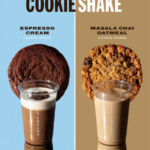 Poster showing two cookie shake flavors Espresso Cream on blue left and Masala Chai Oatmeal on brown right with tall glasses in front