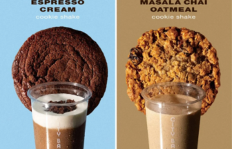 Poster showing two cookie shake flavors Espresso Cream on blue left and Masala Chai Oatmeal on brown right with tall glasses in front