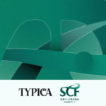 Abstract teal ribbon artwork with overlapping curved shapes bottom edge shows the TYPICA and SCF logos including Japanese text for branding
