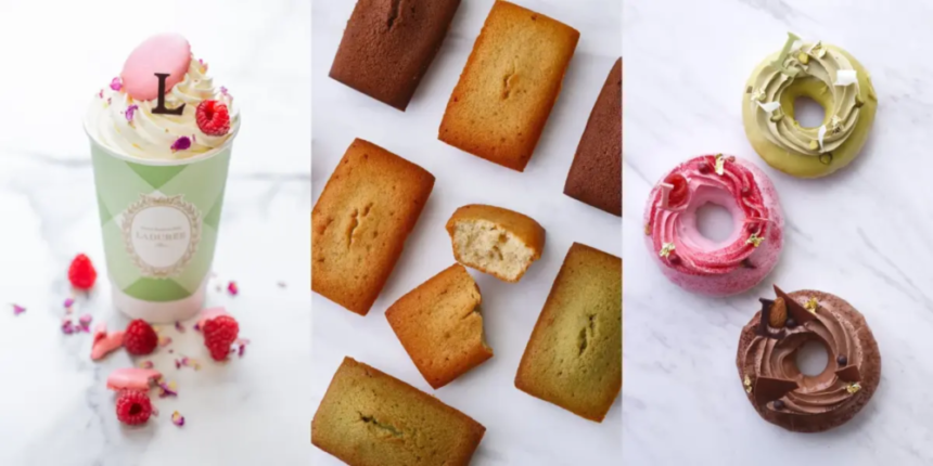 Triptych of treats mint green cup with whipped cream berries and flower decorations scattered financiers pan sized almond cakes in the center and frosted donuts in pink brown and olive on a marble surface right