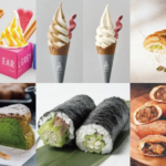 Collage of six snacks ice cream cups with wafer sticks vanilla soft serve cones a croissant topped dessert drink matcha green tea cake slice cucumber filled sushi rolls and round savory pastries