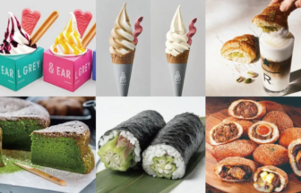 Collage of six snacks ice cream cups with wafer sticks vanilla soft serve cones a croissant topped dessert drink matcha green tea cake slice cucumber filled sushi rolls and round savory pastries