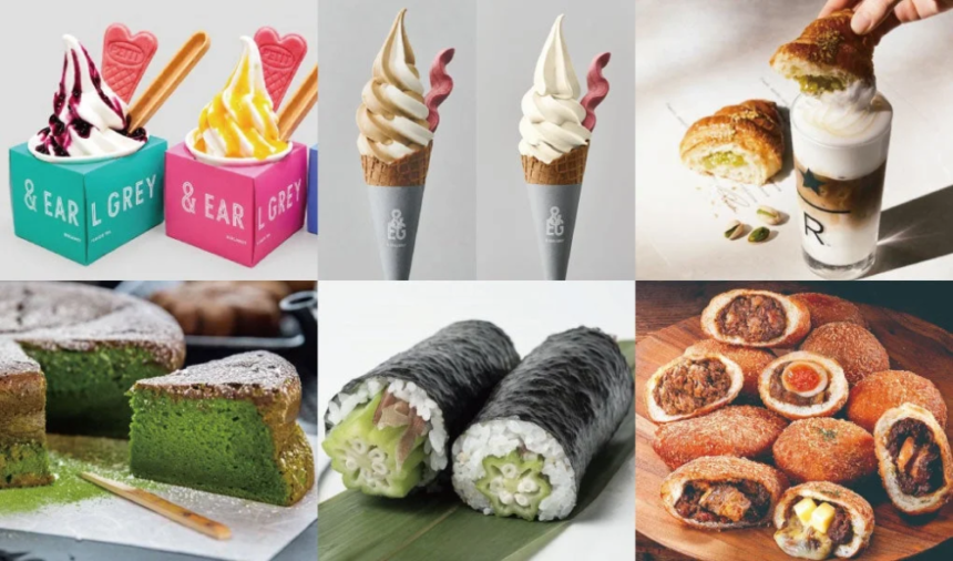 Collage of six snacks ice cream cups with wafer sticks vanilla soft serve cones a croissant topped dessert drink matcha green tea cake slice cucumber filled sushi rolls and round savory pastries
