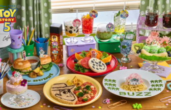 Colorful Toy Story 5 party table with themed foods drinks and decorations for kids celebration featuring character toppers and bright snacks