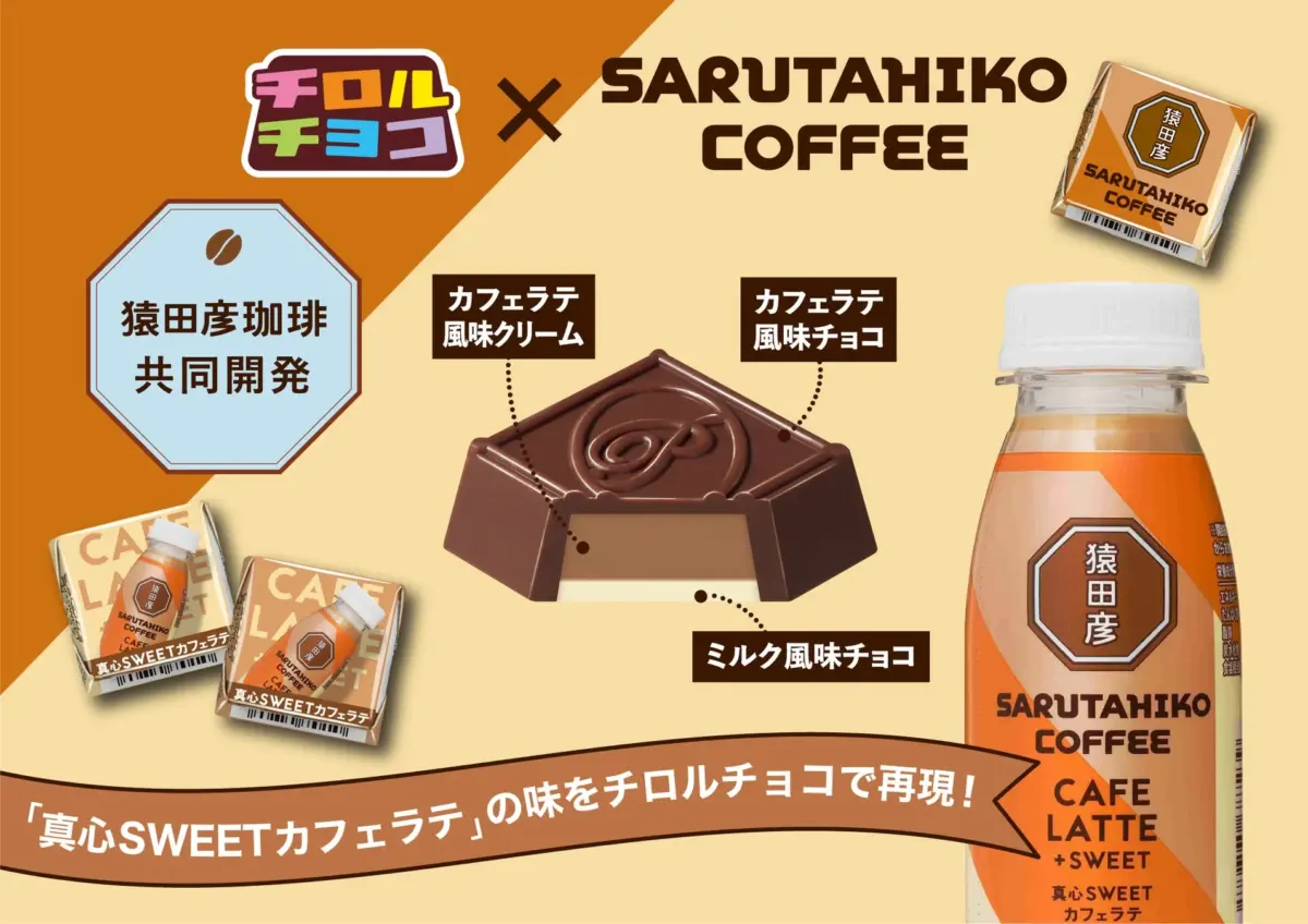 チロルチョコ〈猿田彦珈琲 真心SWEETカフェラテ〉とカフェラテ