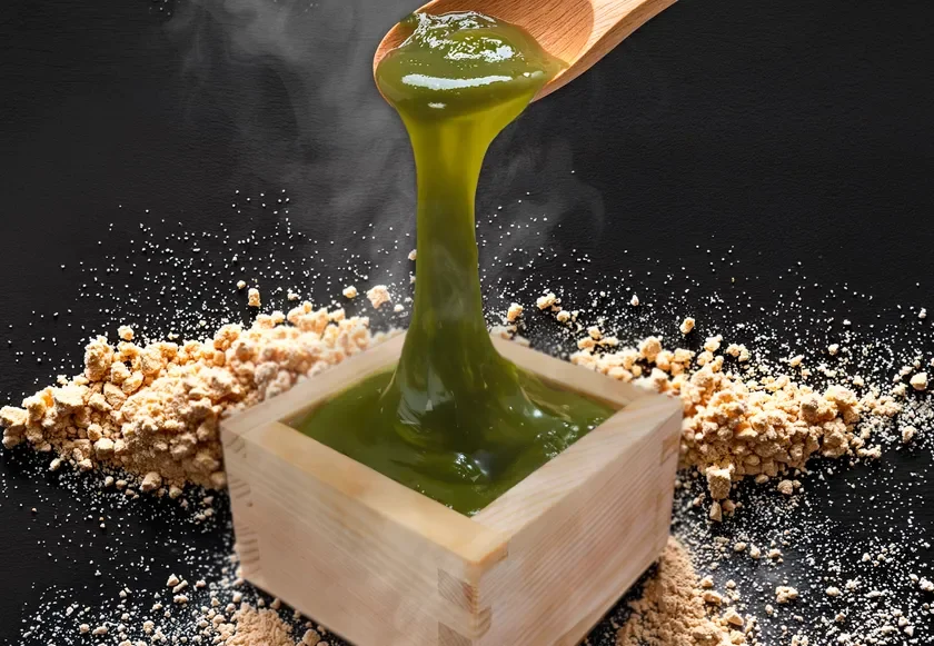 Green thick sauce being poured into a wooden square cup with crumbled bits scattered around on a dark surface