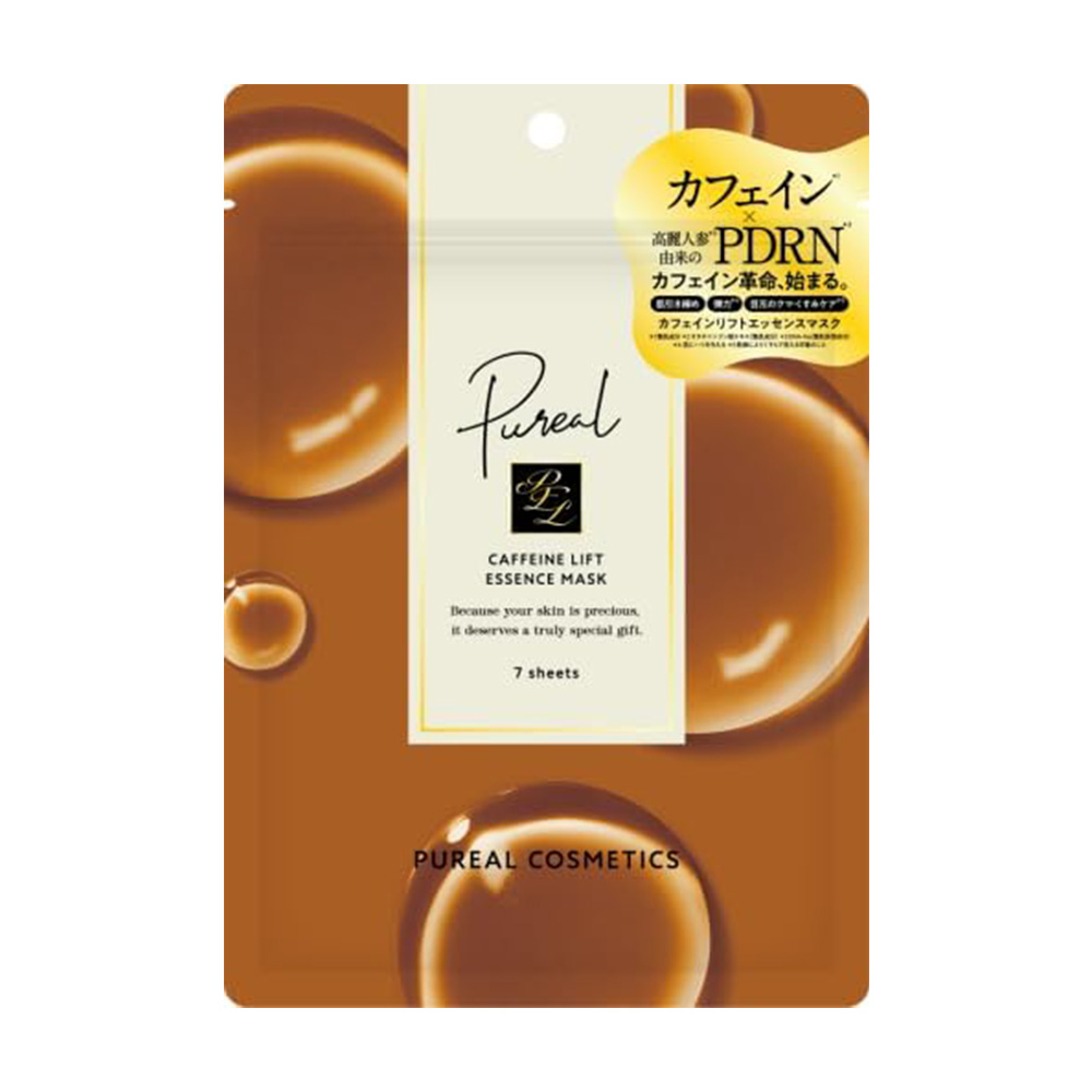 Packaging for Pureal Caffeine Lift Essence Mask by Pureal Cosmetics against a brown abstract background