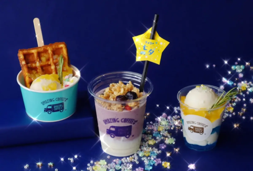 Three colorful dessert cups on a blue background a waffle sundae a layered purpleyogurt drink and a vanilla ice cream cup with toppings and sprinkles
