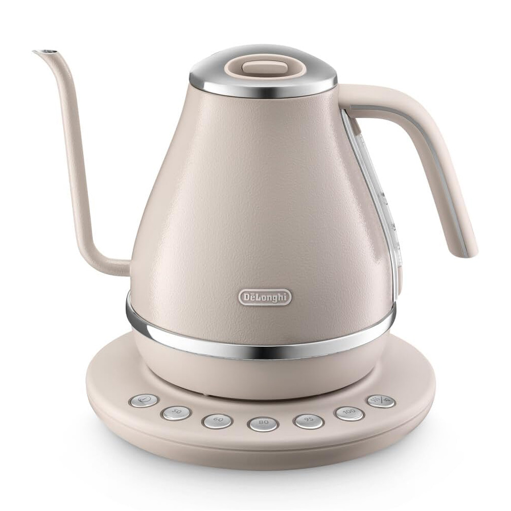 Beige DeLonghi electric kettle on a circular base with labeled preset buttons on the base