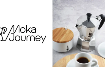 Split image with the Moka Journey logo on the left and a moka pot with coffee cups on the right, set on a light surface.