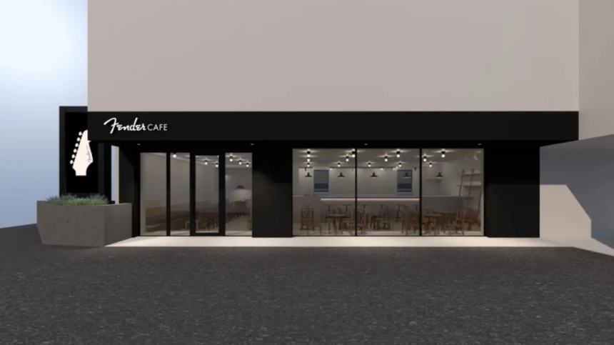 Front of Fender Cafe with large glass windows showing tables inside and guitar logo sign above the entrance