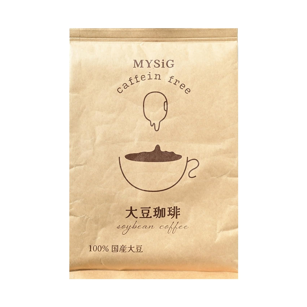 Brown paper bag labeled'MYSiG caffeine free' with a cup illustration suggesting soybean coffee.