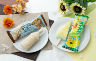 Assorted Japanese ice cream bars on white plates including a café latte shaved ice bar and a melon popsicle with flowers around
