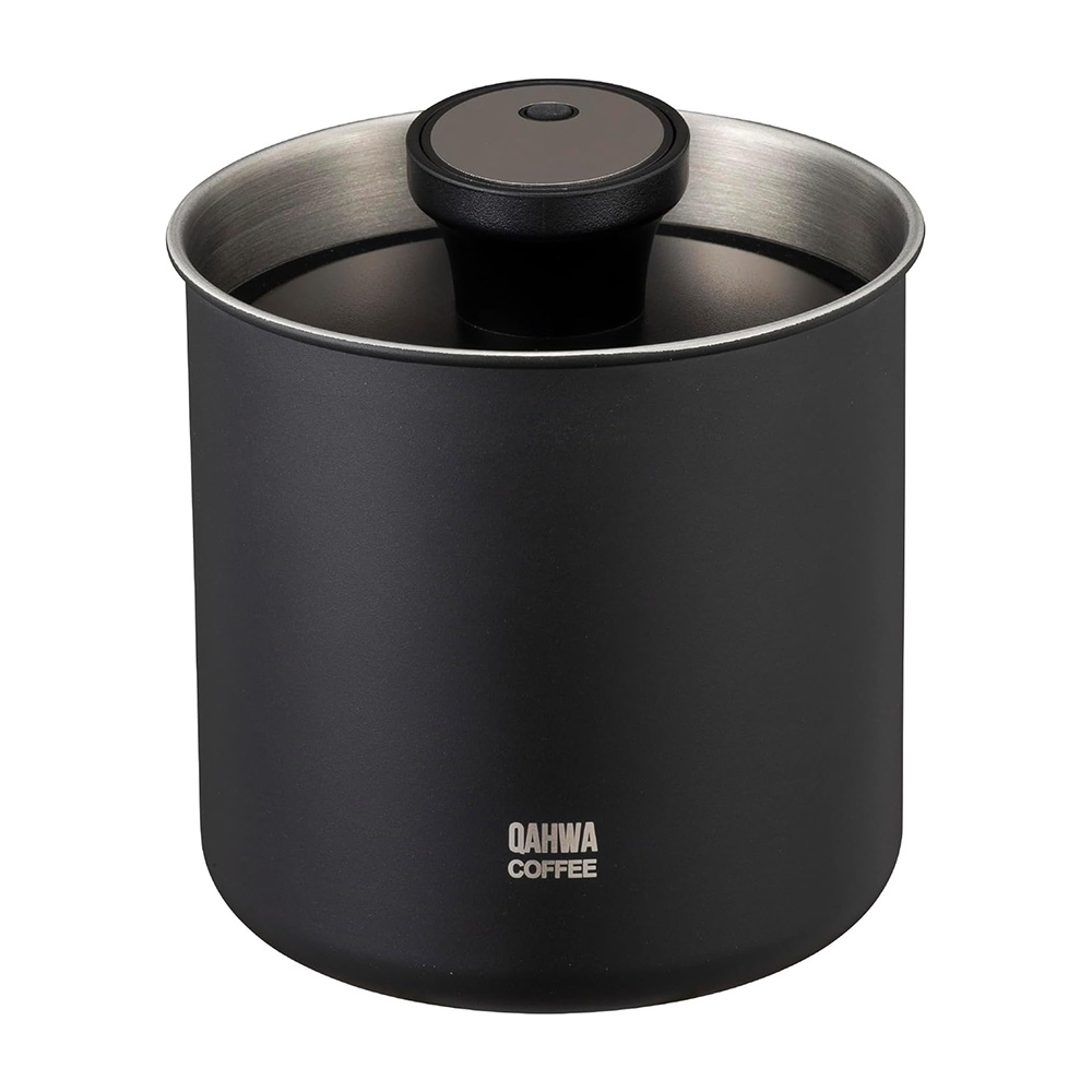 Black matte coffee canister with a lift top lid and silver rim branded QAHWA COFFEE