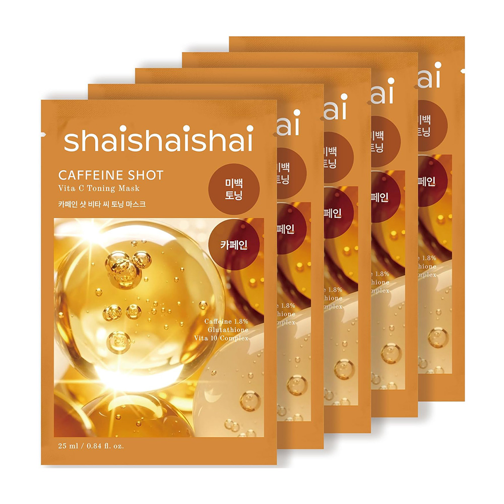 Multiple orange sachet packs of Shaishaishai Caffeine Shot Vitamin C Toning Mask stacked together with a golden bubble image on the front