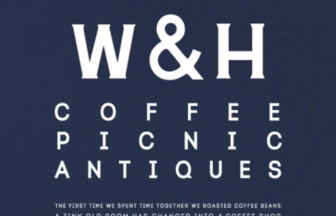 Dark blue book cover titled 'WIFE & HUSBAND' with large 'W&H' and the words 'COFFEE' and 'ANTIQUES' arranged in a grid, plus small descriptive text about a couple starting a coffee shop.