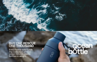 Aerial view of dark blue ocean waves with a hand holding a blue Ocean Bottle in the foreground and the 'Buy One Rescue One Thousand' campaign text beside it with logo.