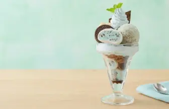 Ice cream sundae in a tall glass with mint leaf, cookies, and chocolate pieces on a pale green background.