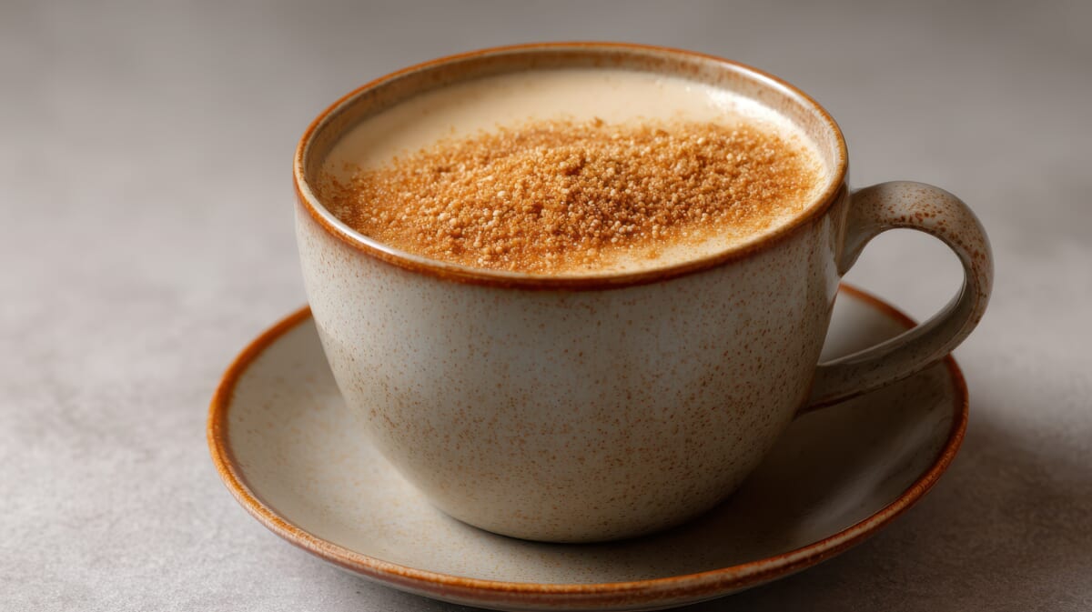 Beige ceramic cup of cappuccino with cinnamon dusted foam on a matching saucer