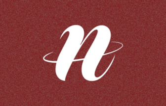 White cursive lowercase 'n' logo with a circular swoosh on a red textured background.