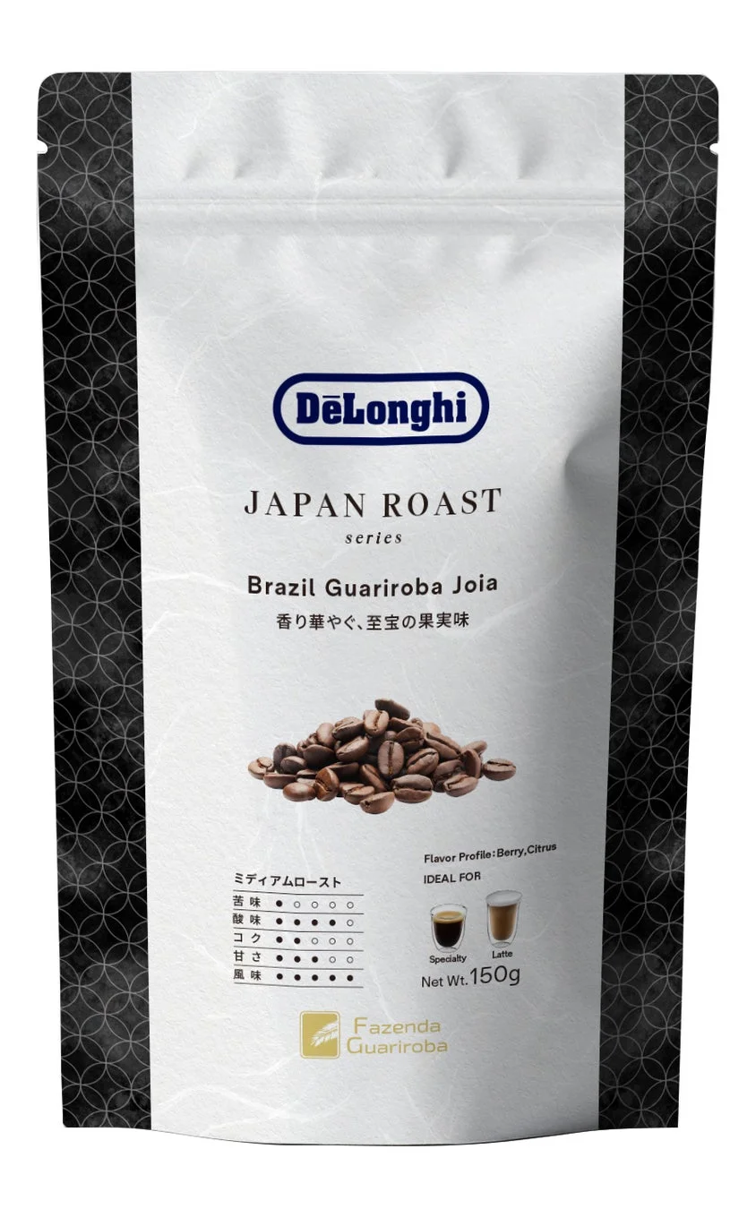 デロンギのJAPAN ROASTシリーズ、ブラジル グアリロバ ジョイアのコーヒー豆パッケージ。香り華やかでベリーや柑橘系の風味を持つミディアムローストのコーヒーで、エスプレッソやラテに適しています。内容量は150gです。