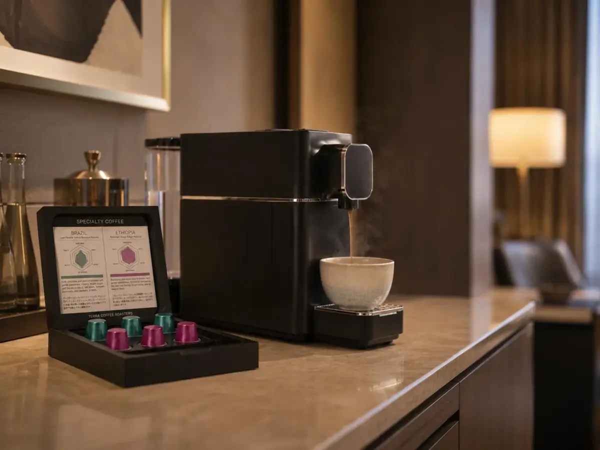 ホテル客室でカプセルコーヒーを楽しむイメージ