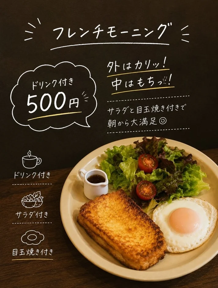 フレンチモーニング ドリンク付き 500円