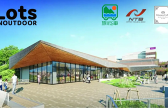 Rendering of an outdoor shopping complex with glass storefronts, people strolling, and green landscaping; logos appear in the sky: ‘Lots INOUTDOOR’ and others.