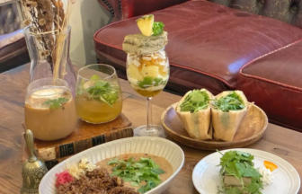 Table spread of drinks and dishes: two creamy beverages, a layered fruit yogurt parfait, two veggie wraps, a bowl of lentil and rice, and a small herb-topped bite on a plate, with a leather sofa in the background.