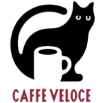 Cafe logo with a black cat wrapping around a white coffee cup and the text CAFFÈ VELOCE beneath