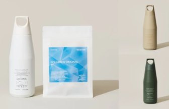 White Rokumei coffee bottle and White Cold Brew Original bag on a beige background