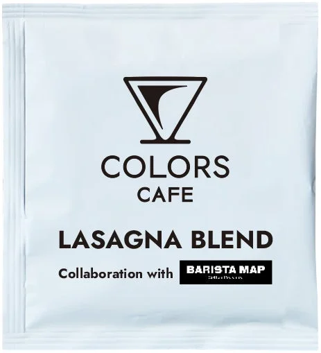 「COLORS CAFE」と「BARISTA MAP」がコラボレーションした「LASAGNA BLEND」という名前のコーヒーのパッケージ画像