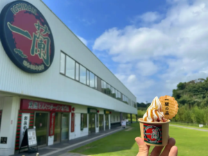 0b4865b9f56b93f3e67f347ce49a98a1resized857x643 | コーヒーステーション Person holds a soft serve ice cream cup with a wafer in front of a white building with a large circular red sign blue sky overhead and green grass nearby