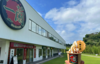 Person holds a soft serve ice cream cup with a wafer in front of a white building with a large circular red sign blue sky overhead and green grass nearby
