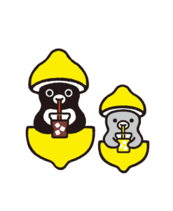 Two cartoon animals black and gray wearing yellow hats each holding a drink with a straw and a cup nearby