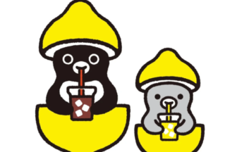 Two cartoon animals (black and gray) wearing yellow hats, each holding a drink with a straw and a cup nearby.