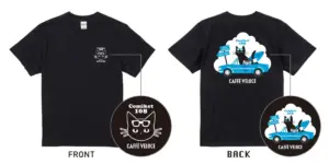 Black T shirt showing a small front chest logo with a cat and Comiket 108 Caffè Veloce text Back features a blue car with a cat and Caffè Veloce and Comiket 108