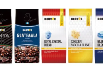 A row of multiple coffee bags from the same brand each displaying a different blend name Mandheling Mocha Kilimanjaro Kenya Guatemala Royal Crystal Blend Golden Mocha Blend Blue Mountain Blend Decaf Café European Hawaii Kona Blend